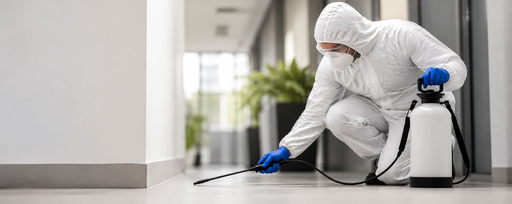 Technicien Nuisibles Secure désinfectant un couloir professionnel