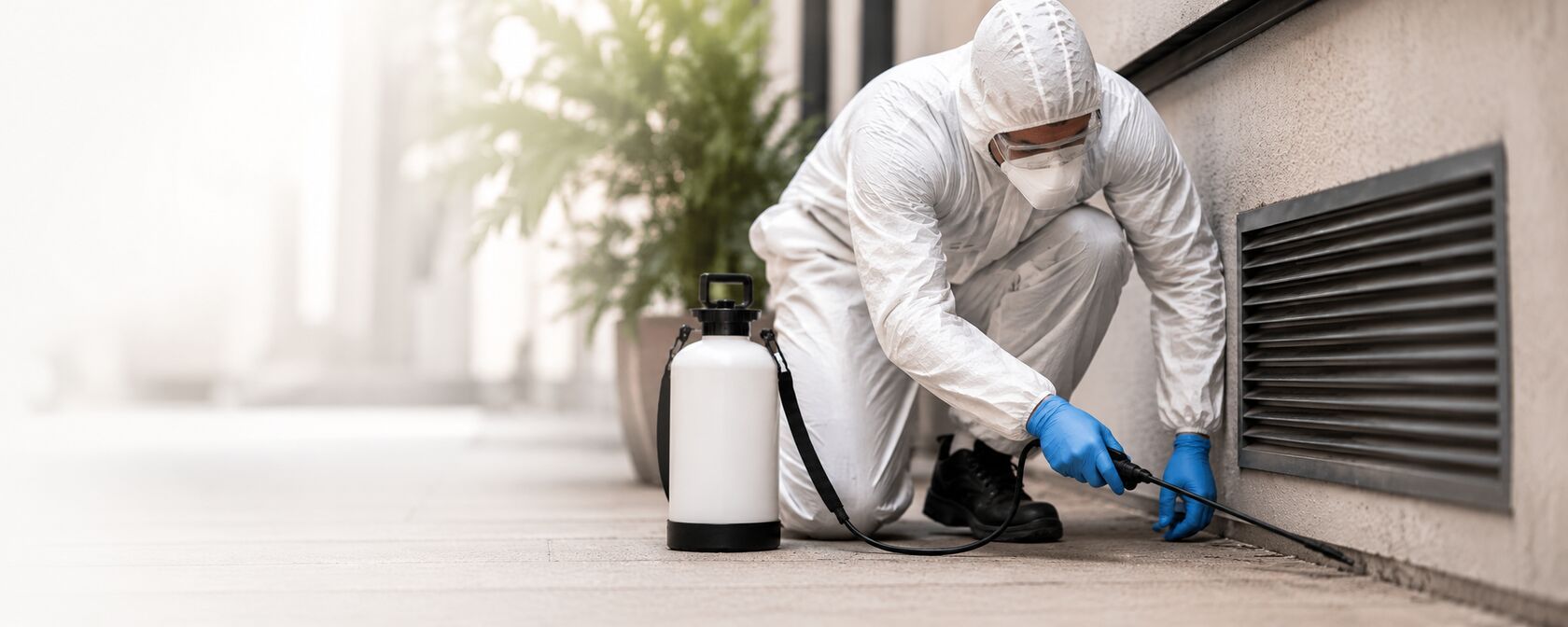 Technicien Nuisibles Secure traitant une façade avec un pulvérisateur professionnel