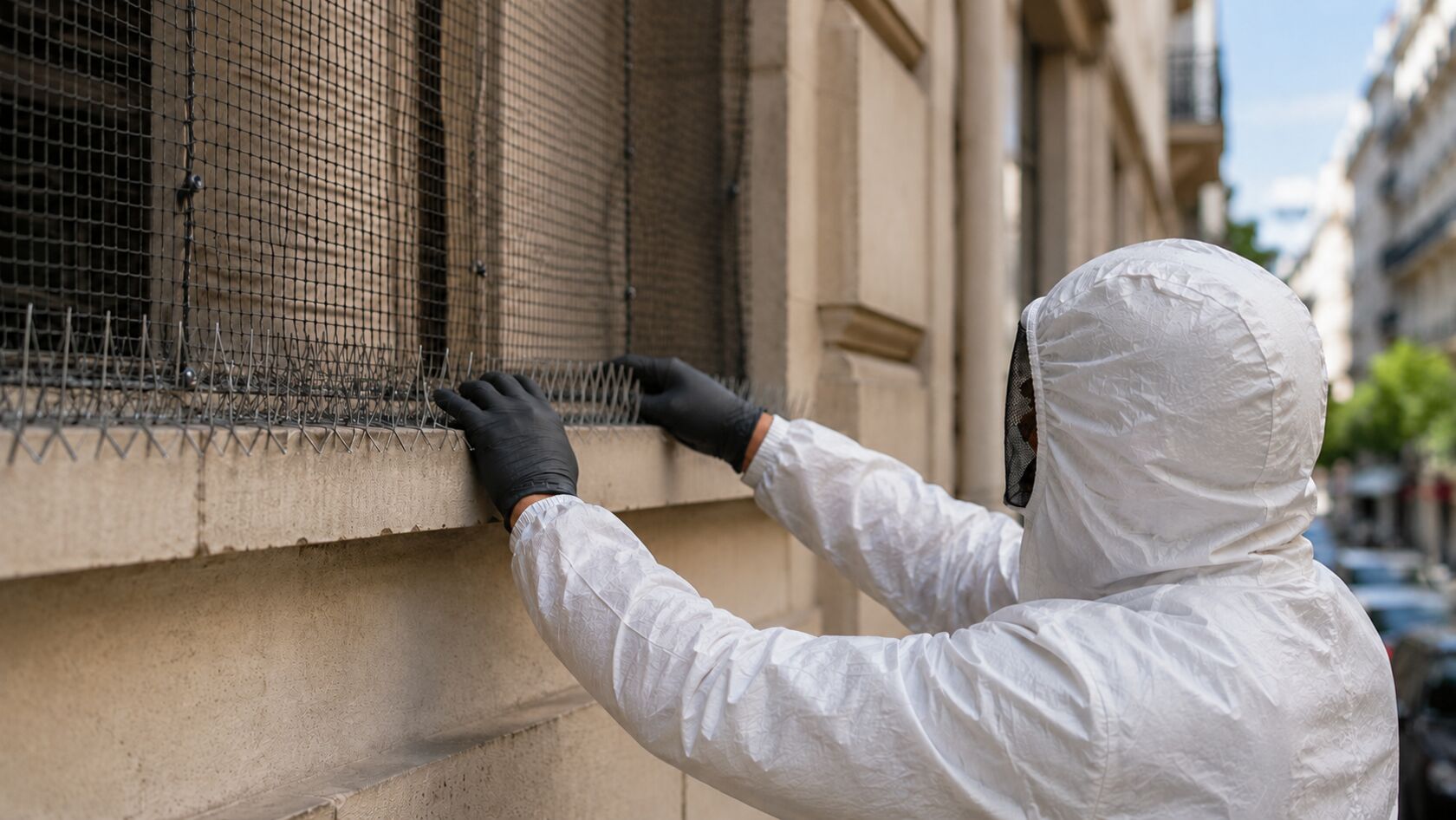 Pose de pics anti-pigeons sur un rebord de fenêtre en façade
