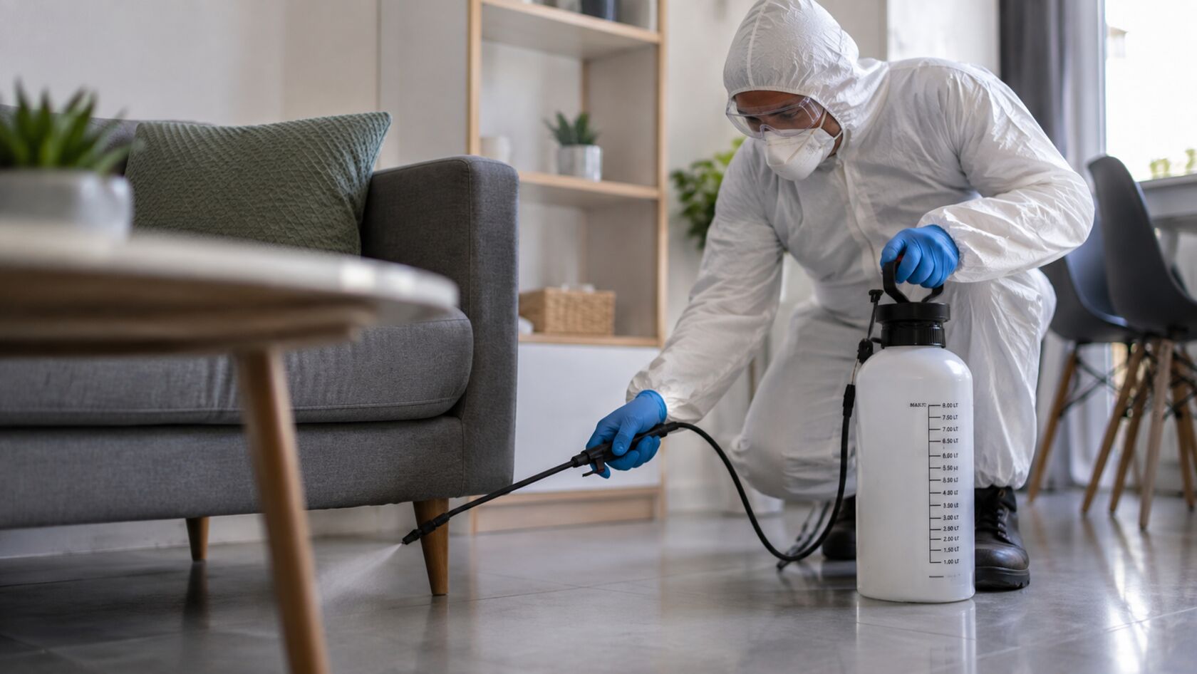 Technicien en combinaison désinfectant un salon avec un pulvérisateur professionnel