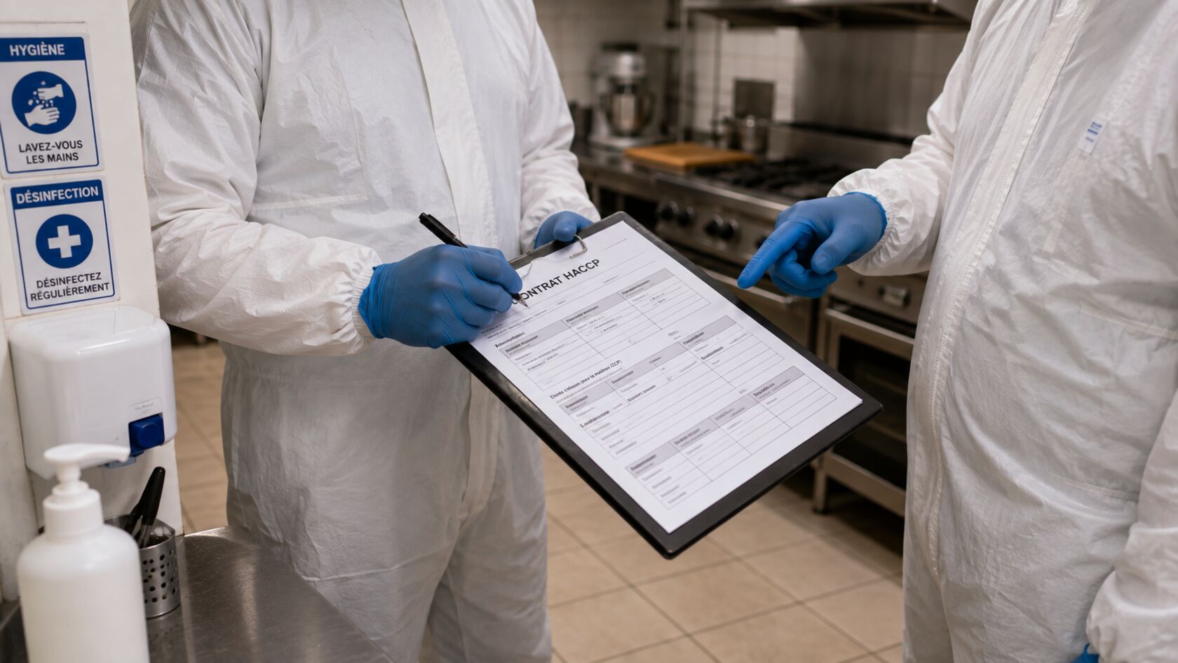 Contrôle et signature du classeur sanitaire HACCP dans une cuisine professionnelle
